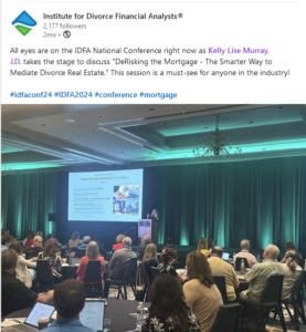 A speaker presents "DeRisking the Mortgage" at the IDFA National Conference. Attendees watch and take notes in a large conference room.