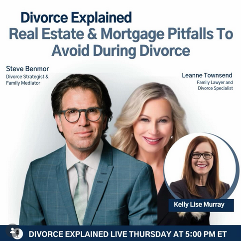 Three professionals, Steve Benmor, Leanne Townsend, and Kelly Lise Murray, are featured in a promotional image for a divorce-themed livestream event about real estate and mortgage pitfalls.